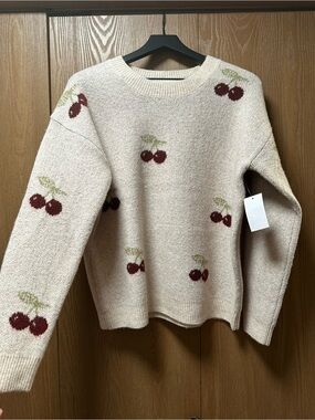 Cream Cherry-Pattern Crewneck Sweater